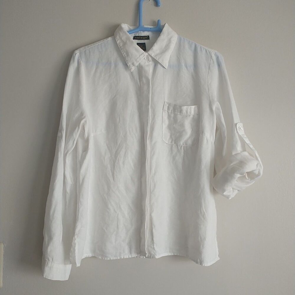 Ecologie Shirt Tunic Womens L White 100% Linen Roll Tab Sleeve Buttons Pocket